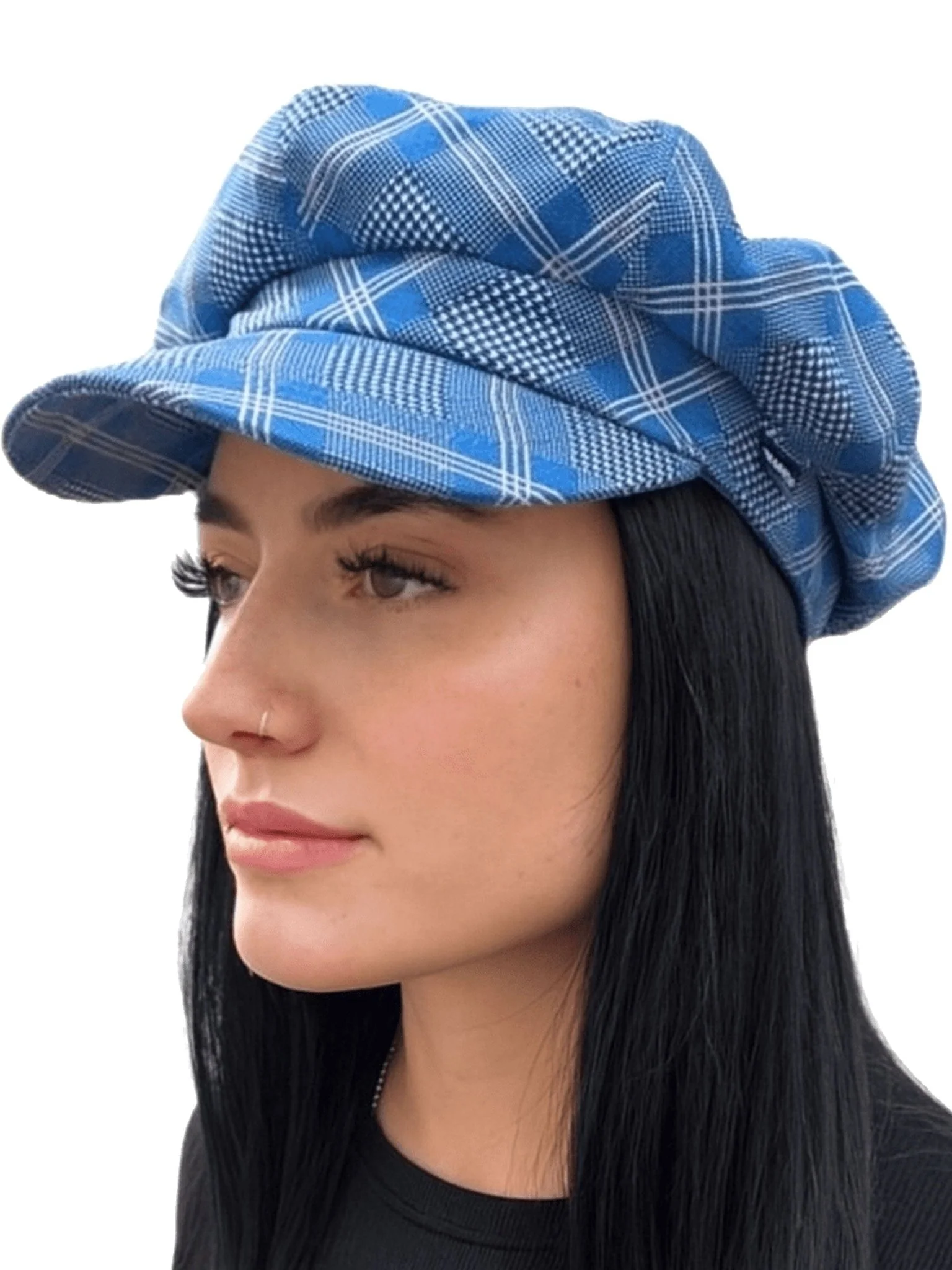 Craggi Ladies Baker Boy Hat Blue Pink Check. Womens Newsboy Cap - Image 6