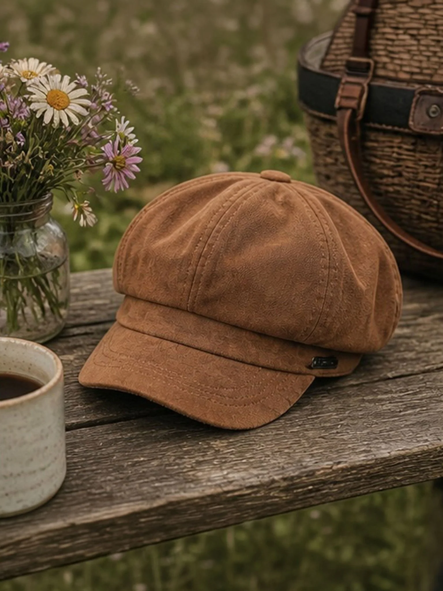 Craggi Baker Boy Hat Ladies Faux Suede Newsboy Cap Camel - Image 3