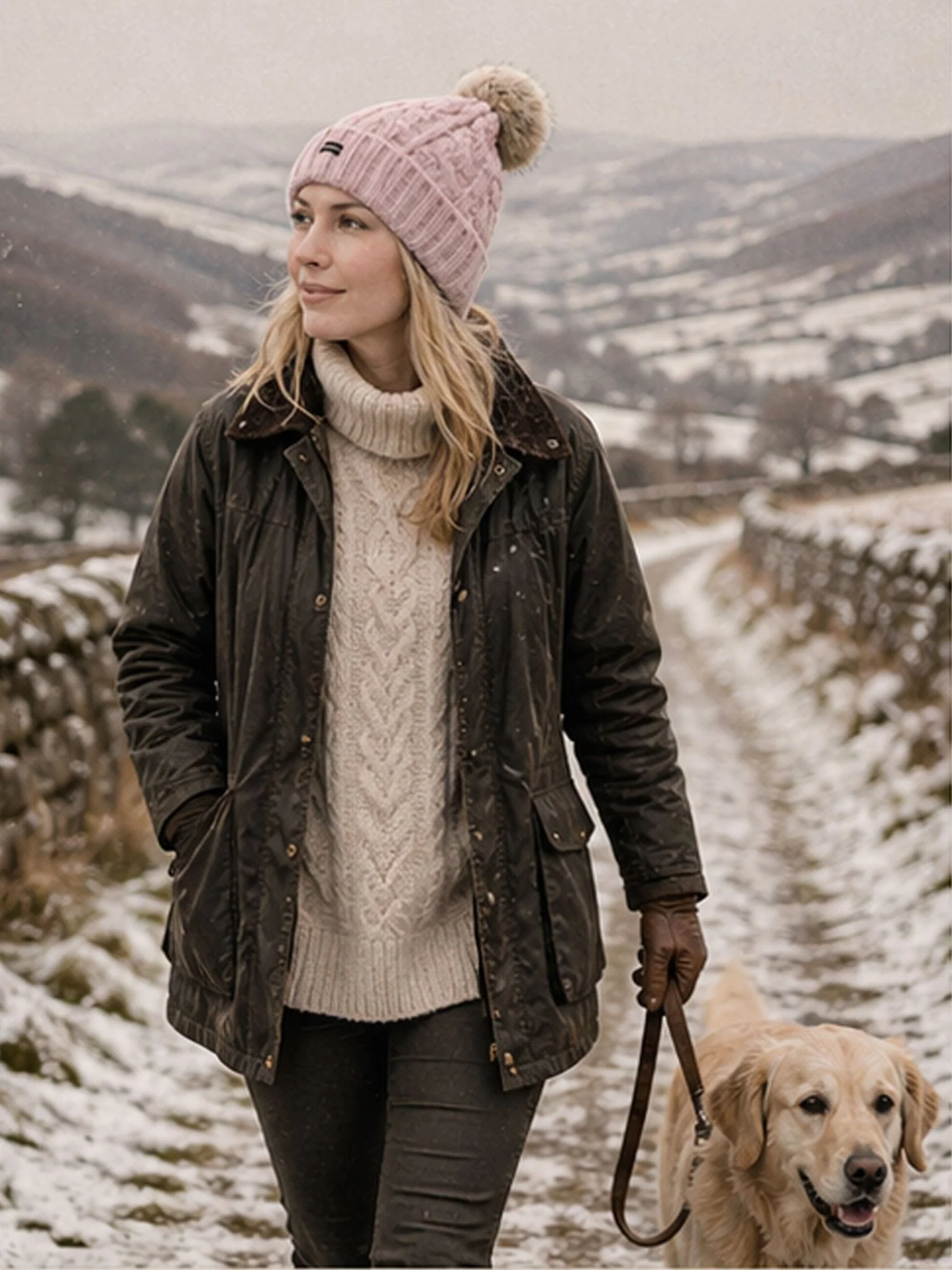 Craggi Ladies Bobble Hat Pink Knitted Pom, Womens Beanie Ski Hat - Image 2