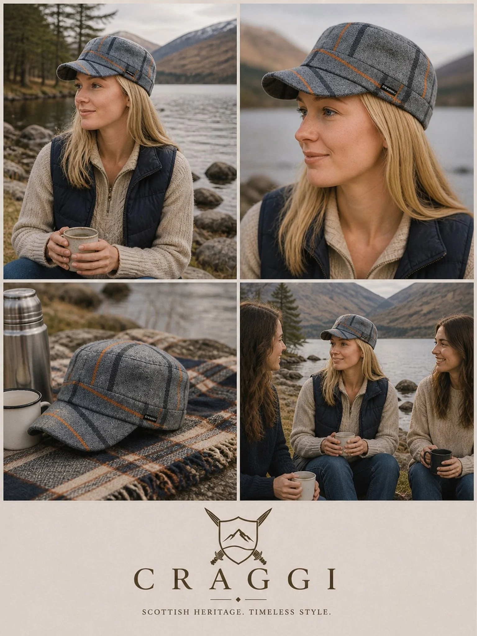 Craggi Grey Tweed Newsboy Cap Country Hat Grey Check Plaid military style Cap - Image 5