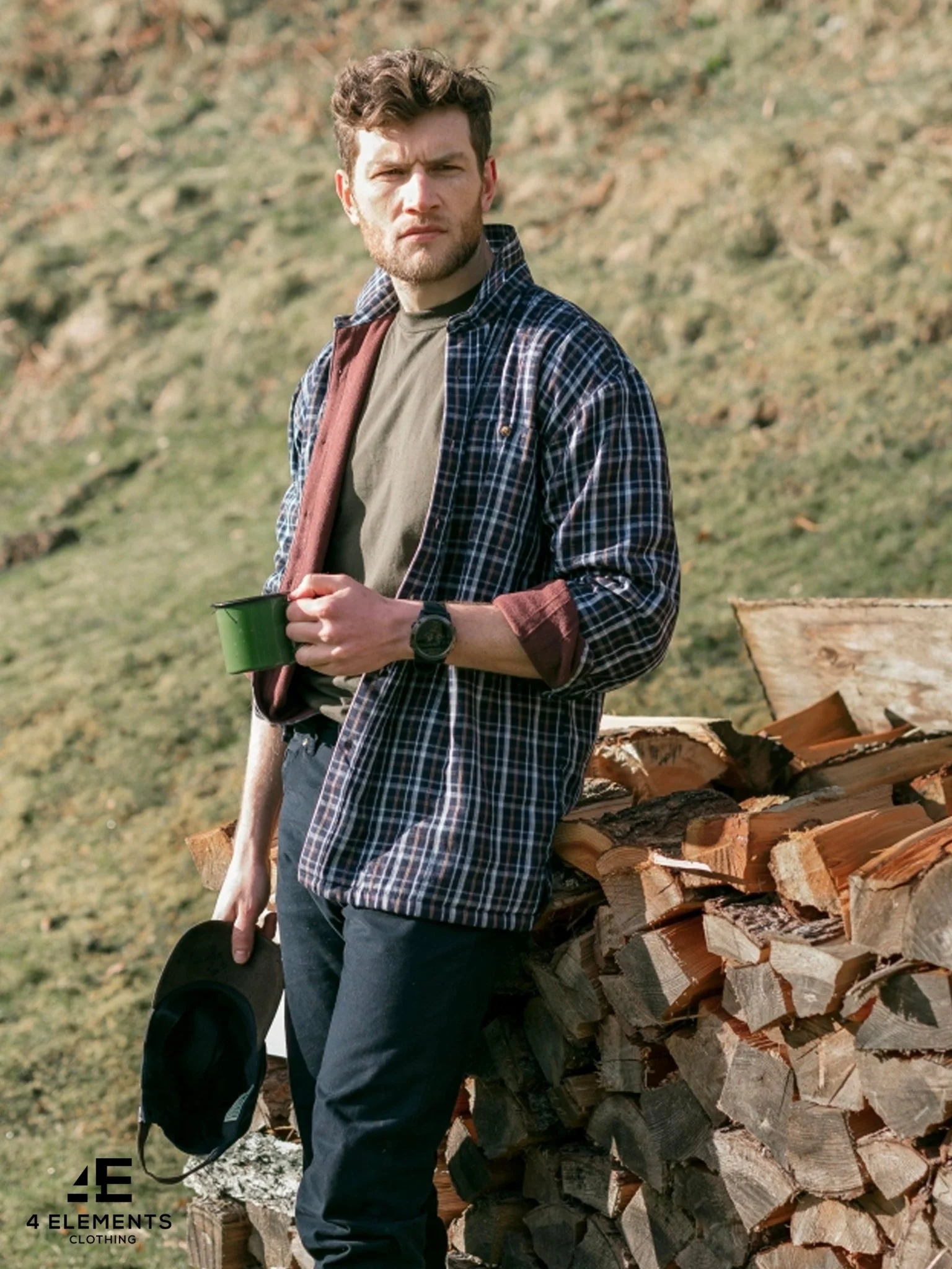 Hoggs of Fife - Men Long sleeve Micro Fleece Lined Shirt - Beech - Image 3