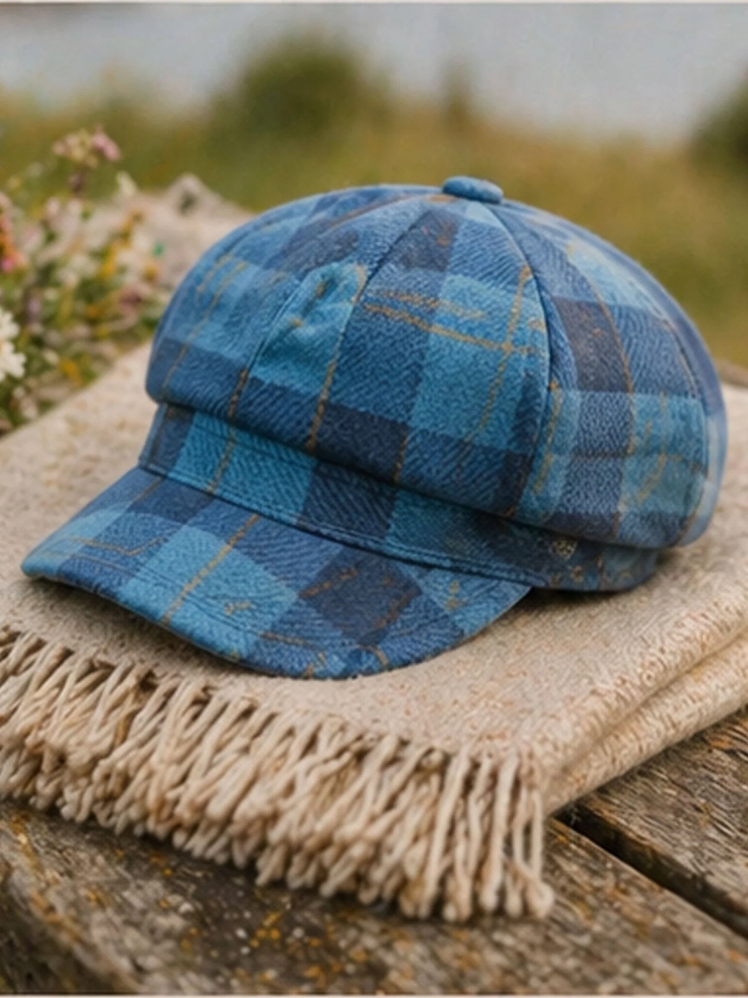 Craggi Tweed Baker Boy / Newsboy Cap Strathy Blue Plaid Flat Cap ladies / Womens - Image 3