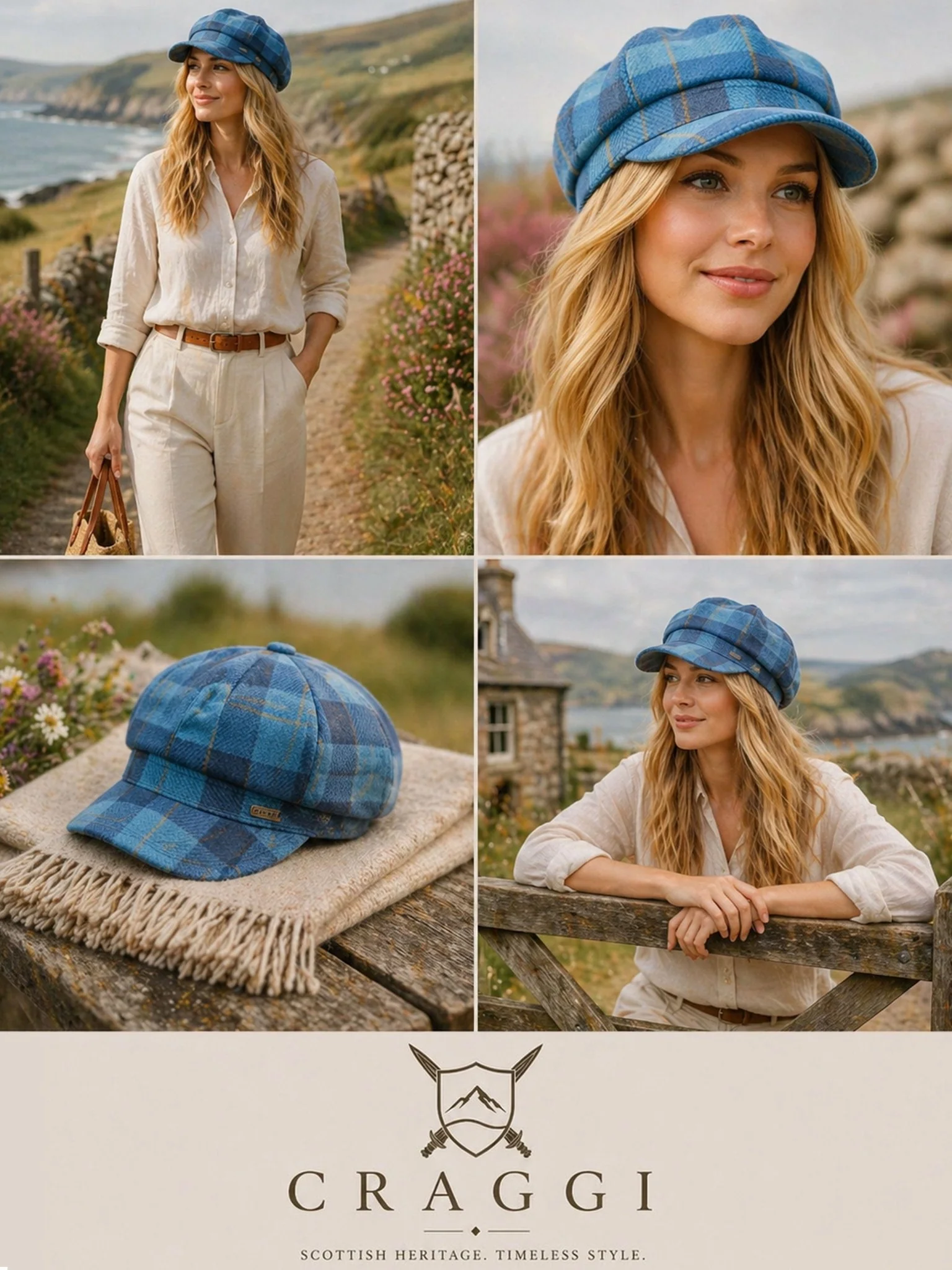 Craggi Tweed Baker Boy / Newsboy Cap Strathy Blue Plaid Flat Cap ladies / Womens - Image 5