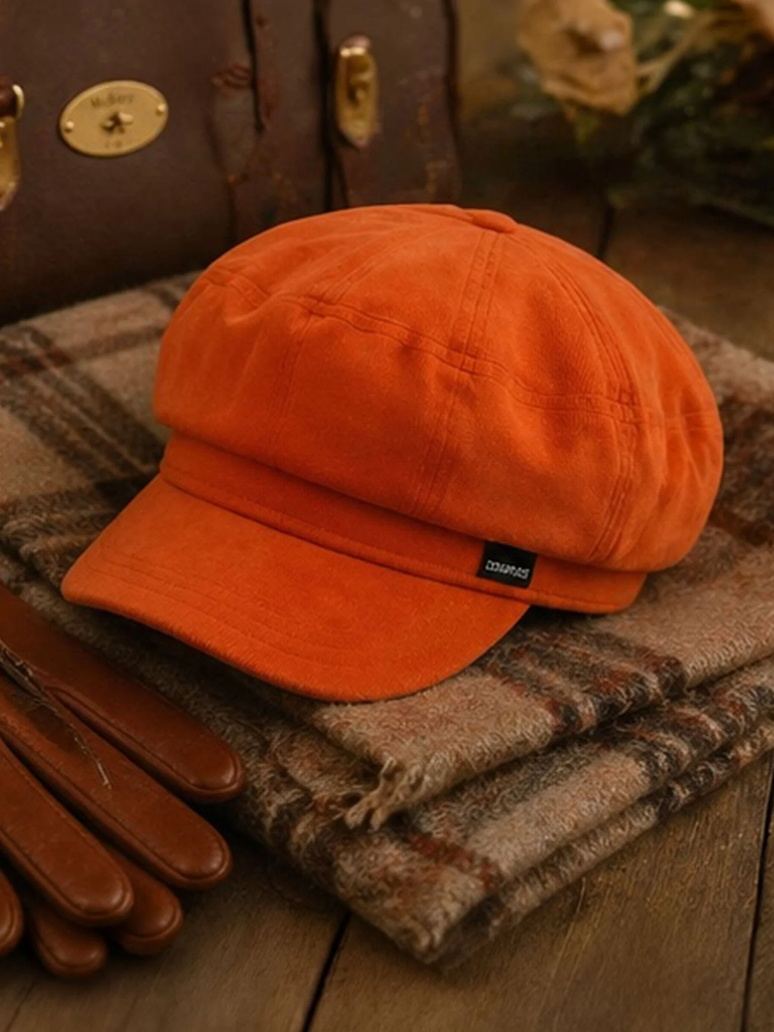 Craggi Ladies Velvet Orange Baker Boy Hat, Womens Shelby Newsboy Cap - Image 3