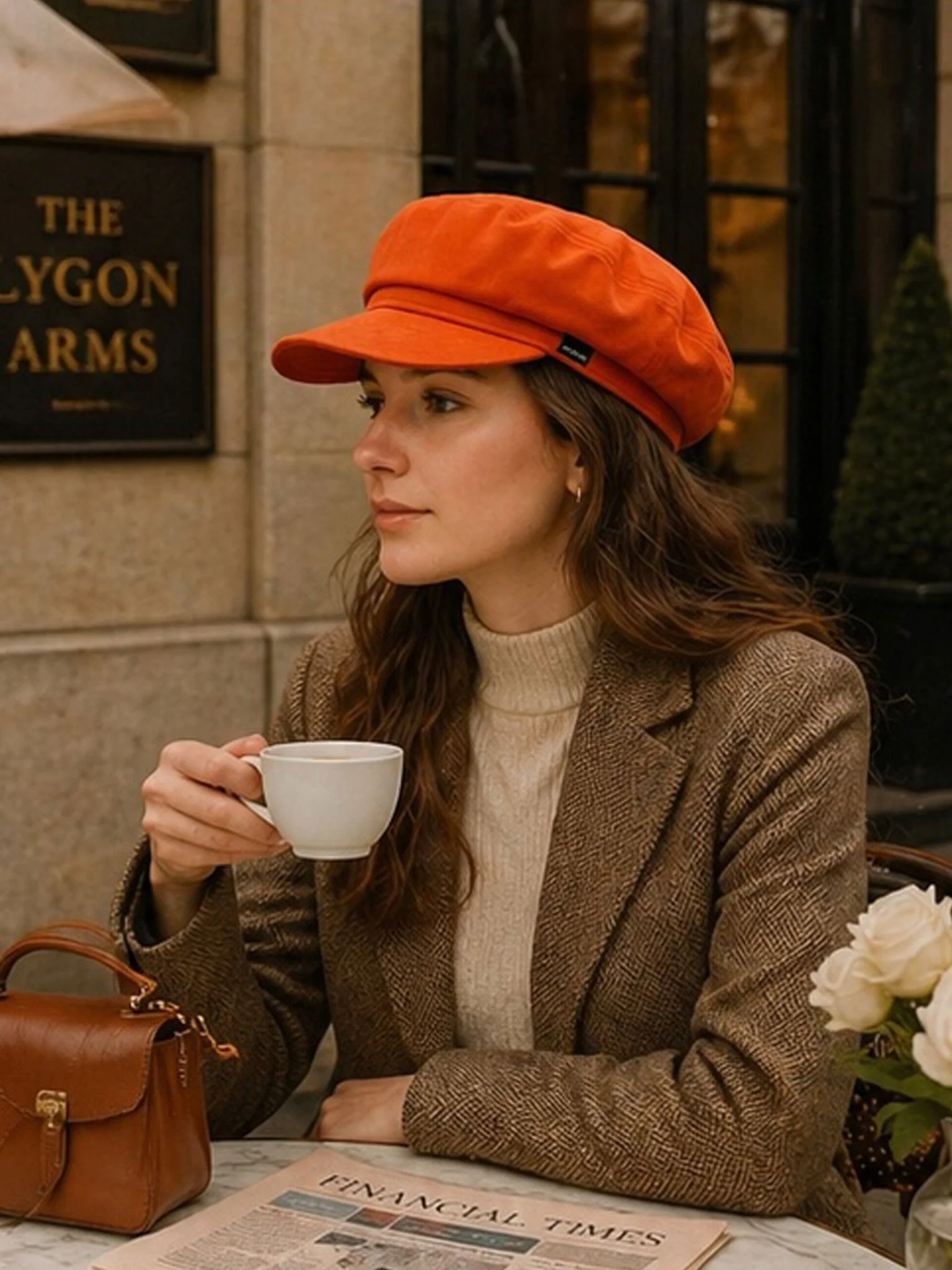 Craggi Ladies Velvet Orange Baker Boy Hat, Womens Shelby Newsboy Cap - Image 4