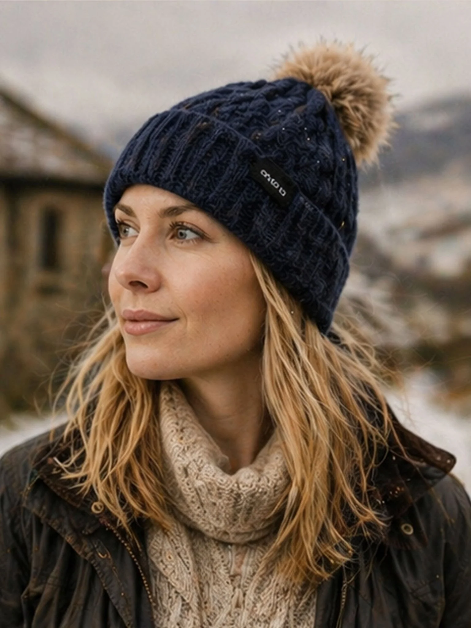 Craggi Ladies premium Bobble Hat Blue Knitted Pom, Womens Beanie Ski Hat